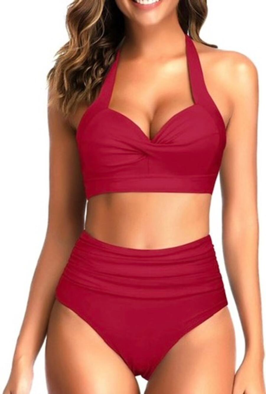 Tempt Me Red High Waisted Bikini Swimsuit Halter Ruched 2 Piece Large NWT